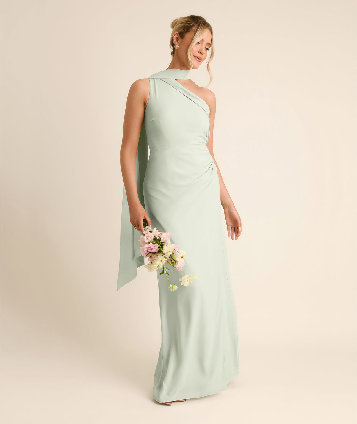 One Shoulder Neck Tie Chiffon Bridesmaid Dress - Mint Green