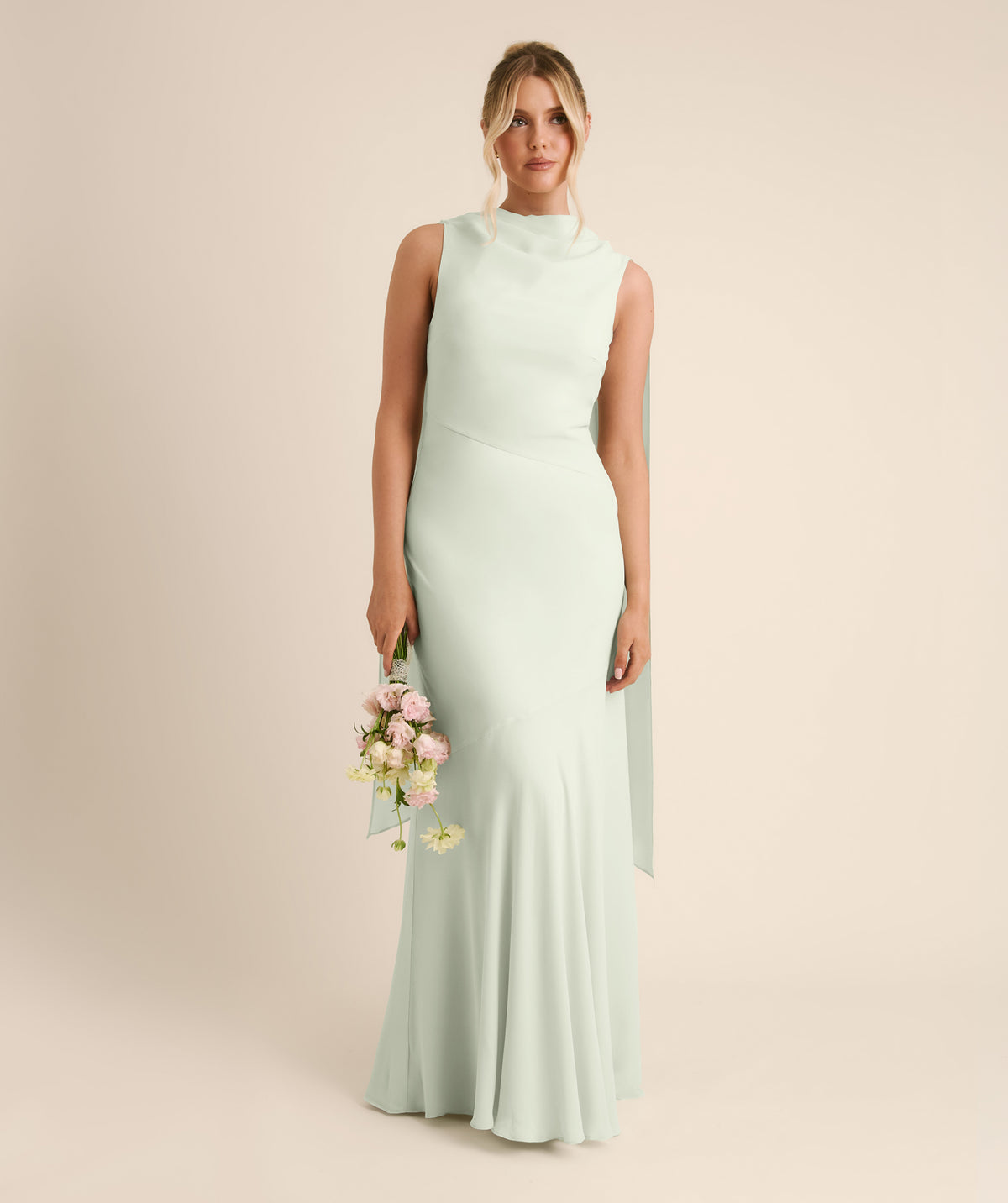 High Cowl Neck Drape Chiffon Bridesmaid Dress - Mint Green