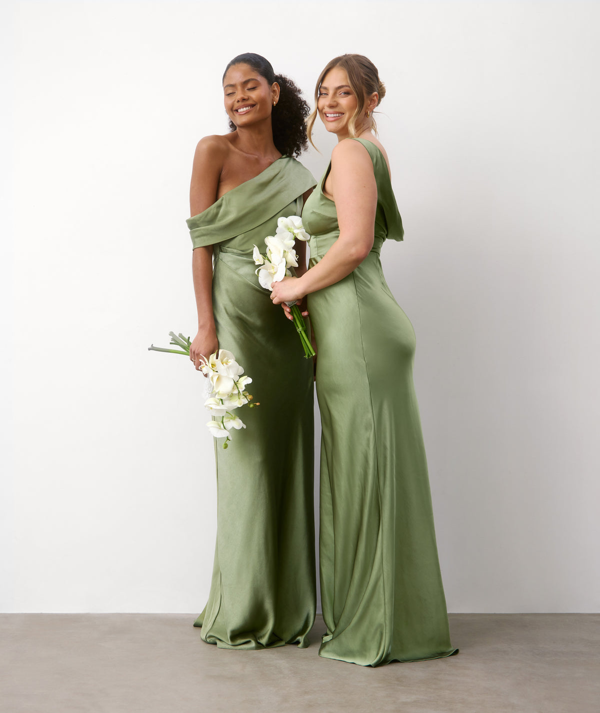 One Shoulder Drape Satin Bridesmaid Dress - Moss Green