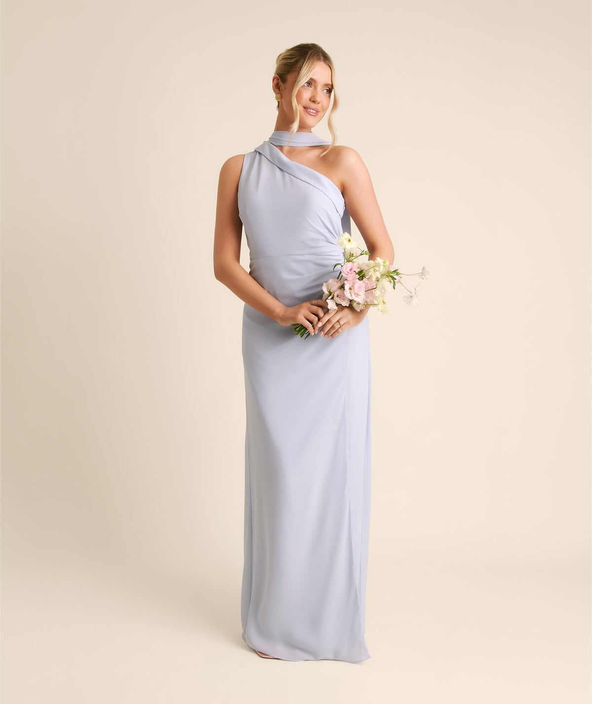 One Shoulder Neck Tie Chiffon Bridesmaid Dress - Powder Blue
