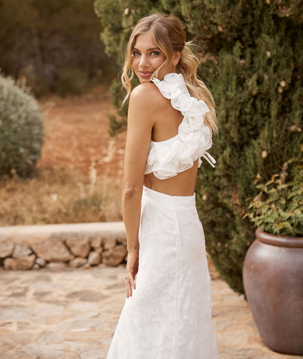 Ruffle Back Floral Burnout Maxi Dress White Six Stories
