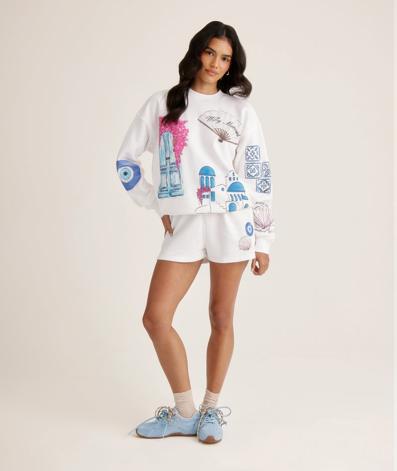 Greece sweatshirt styled with shorts – bride lounge outfit