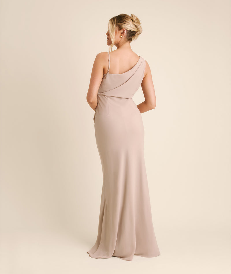 Cowl Asymmetrical Chiffon Bridesmaid Dress - Taupe