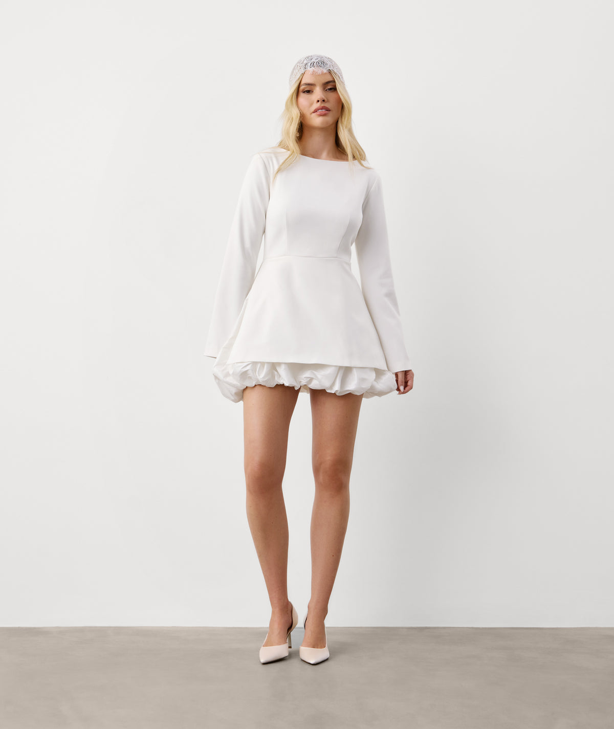 Split Sleeve Bubble Hem Mini Dress - White