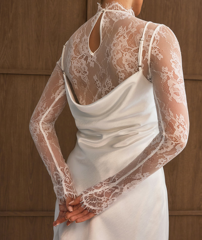 Lace Sleeve Cowl Satin Mini Dress - White