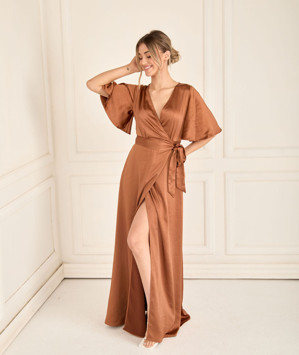 Rust satin twist front discount open sleeve wrap dress
