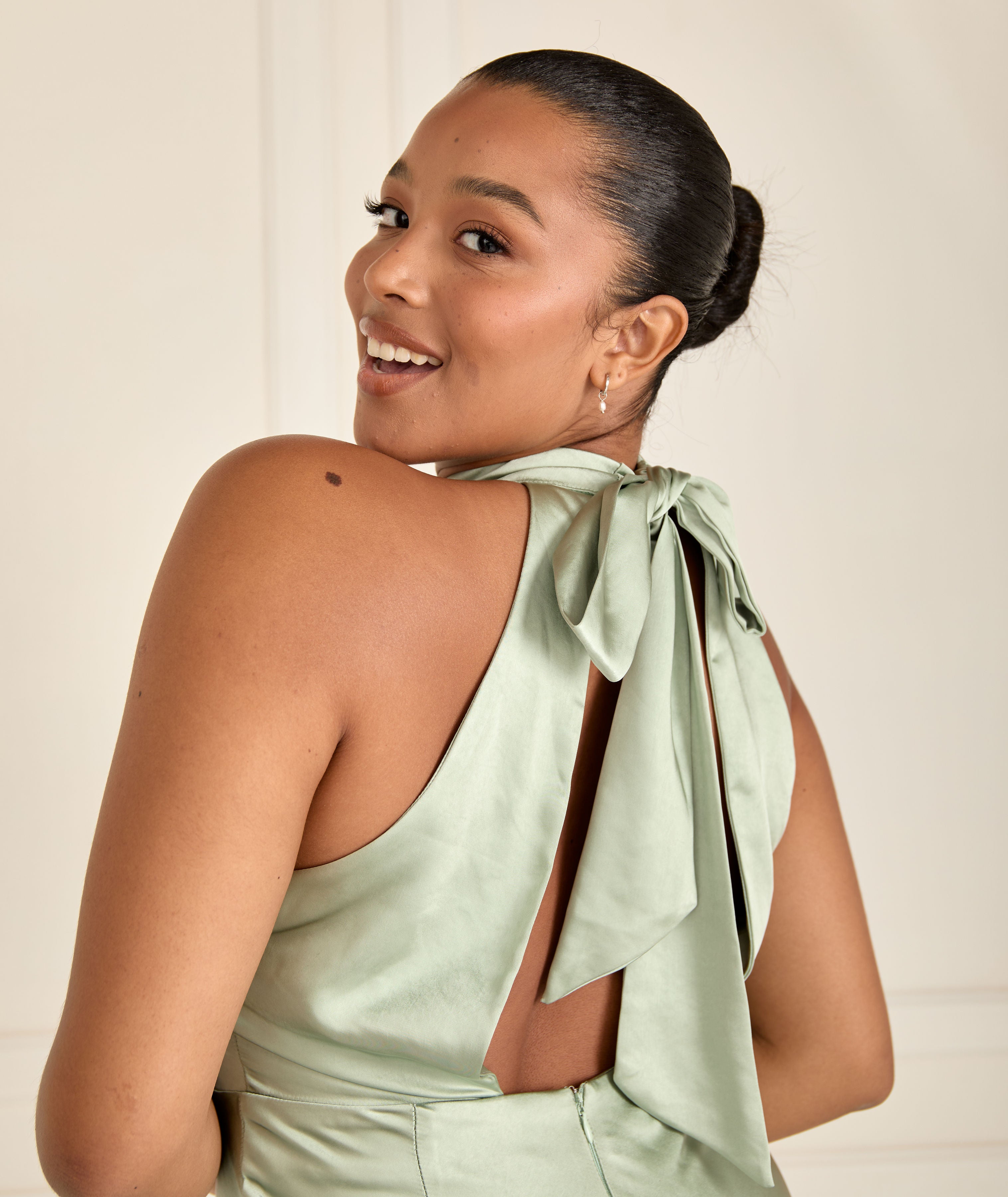 Halter Neck Satin Bridesmaid Dress - Sage Six Stories Halter Neck Satin Bridesmaid Dress - Sage Six Stories