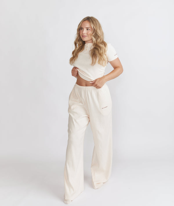 Long Sleeve Pointelle Pyjama Top & Wide Leg Trouser Pyjama Set - Rosewater
