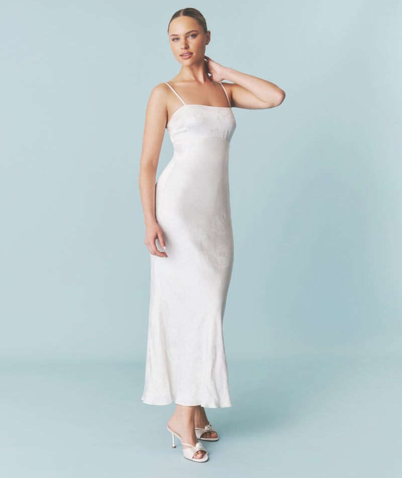 Floral Satin Jacquard Strappy Maxi Dress - Ivory