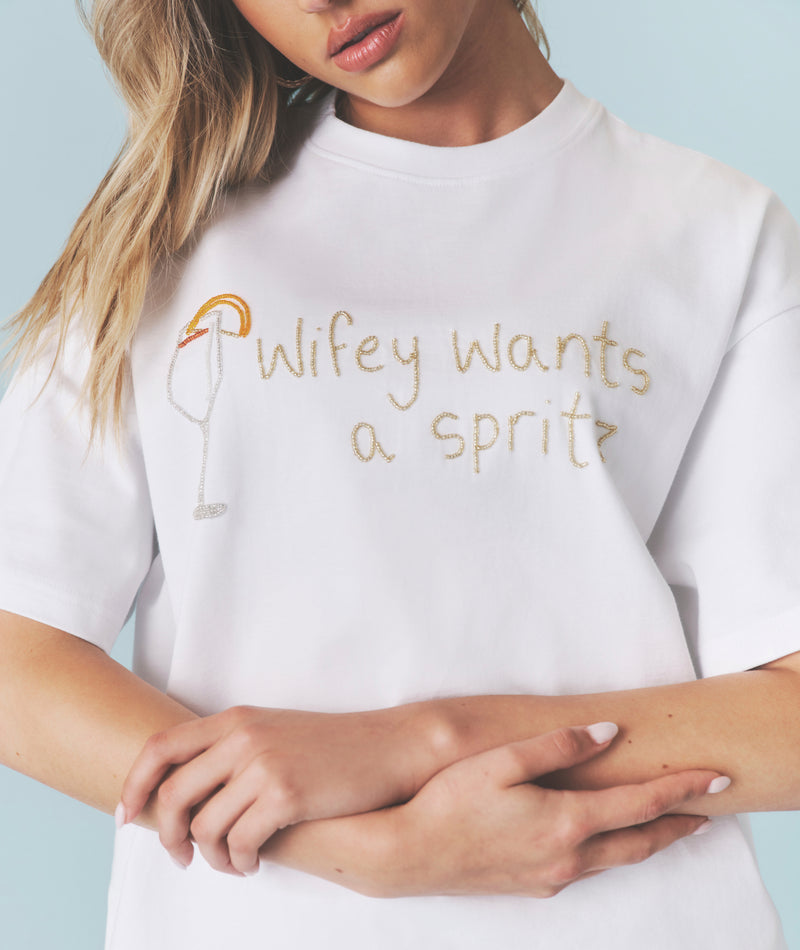 Wifey Wants a Spritz Beaded Tee - White