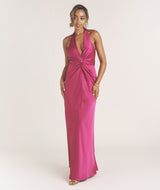 Plunge Knot Detail Dress with Neck Tie - Raspberry Pink
