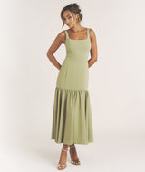 Square Neck Drop Hem Midi Dress - Sage