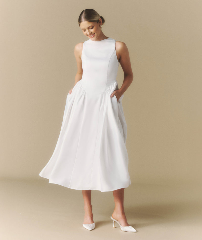 Bow Back Dropped Waist Midi Dress - White Bow Back Dropped Waist Midi Dress - White