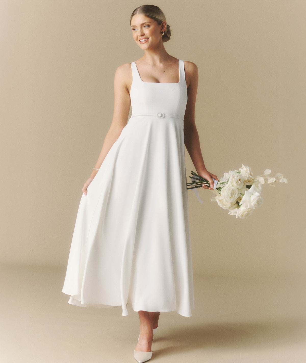 elegant classic wedding dresses Margot by Vittoria Soltero | Gown while the 3/4 sleeves summer cover up Option to:RENT Denim Dress Outfit w.