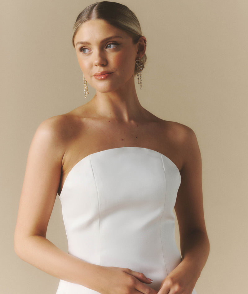 Curved Bandeau Structured Satin Mini Dress - White