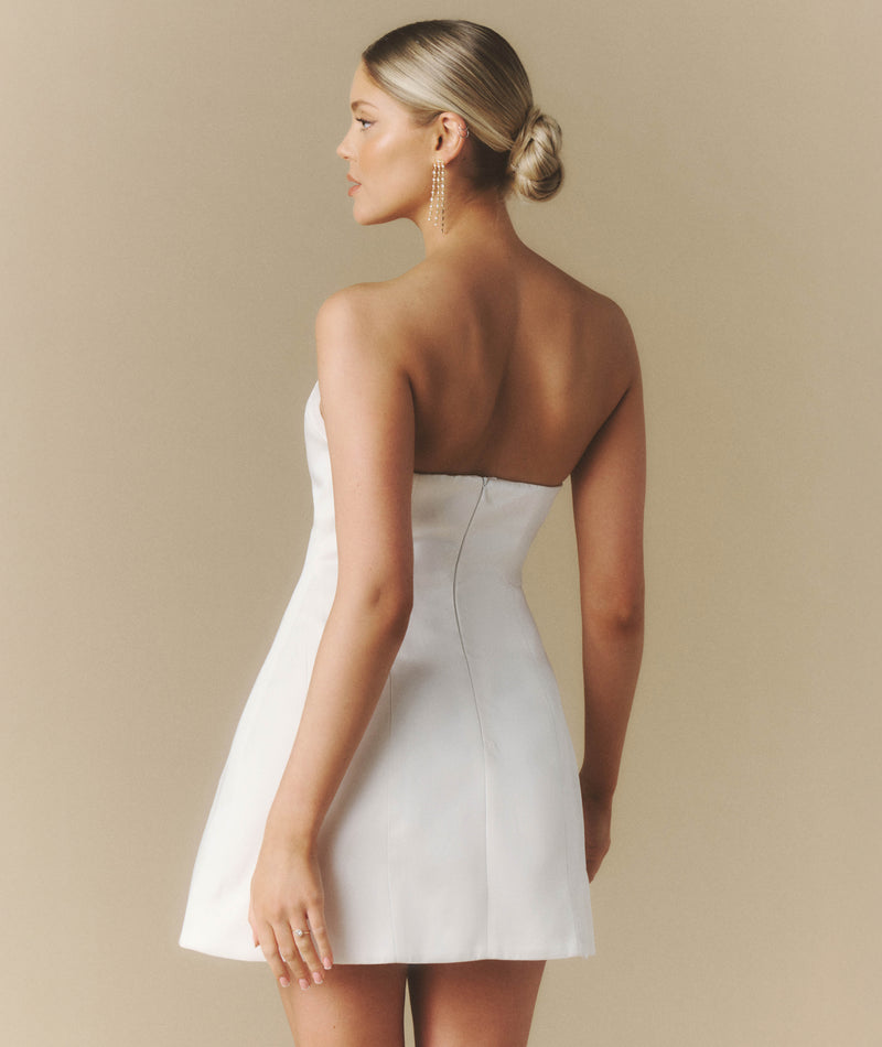 Curved Bandeau Structured Satin Mini Dress - White