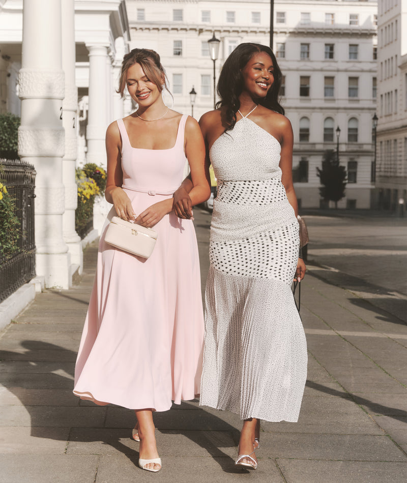 Polka Halter Neck Pleated Midaxi Dress - White Six Stories Polka Halter Neck Pleated Midaxi Dress - White Six Stories