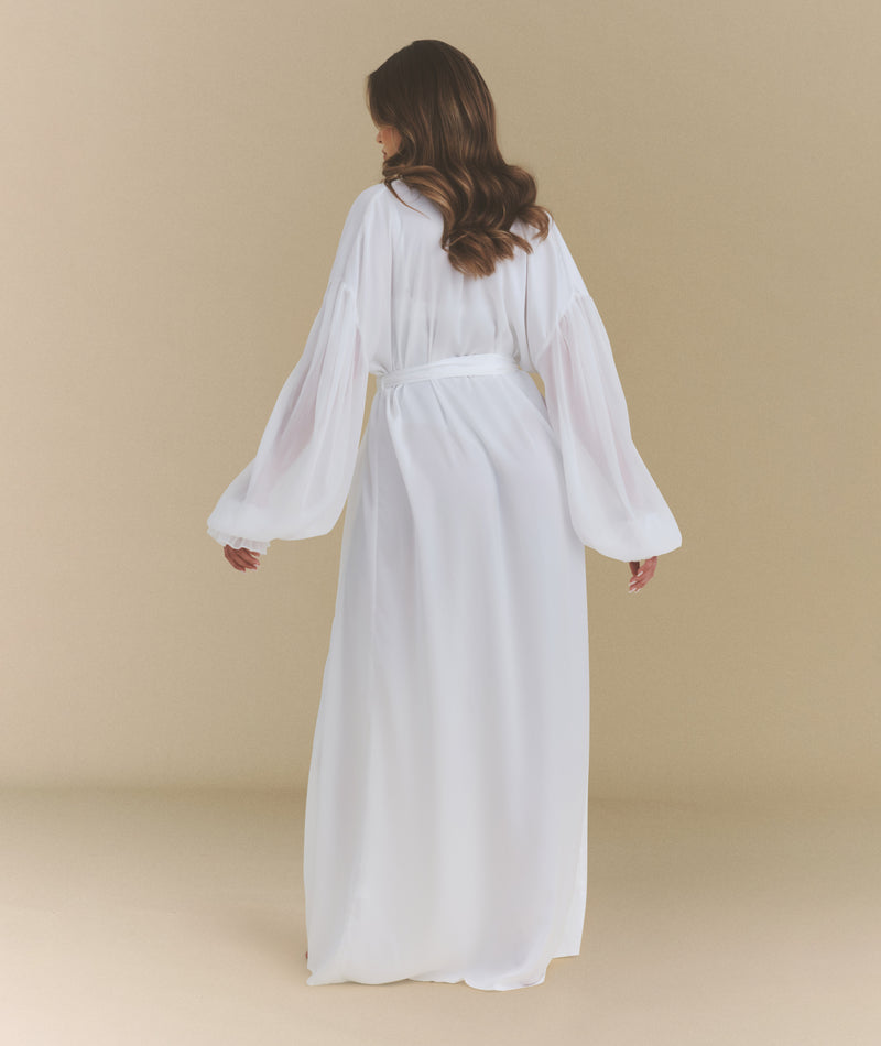 Chiffon Sleeve Maxi Satin Robe - White | Six Stories