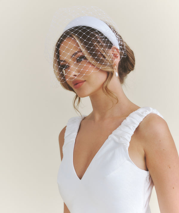 Mesh Overlay Satin Fascinator - White