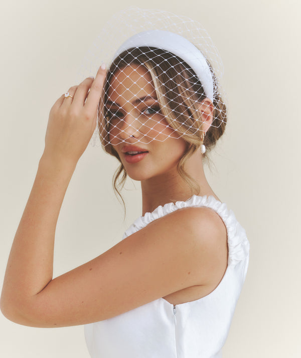 Mesh Overlay Satin Fascinator - White