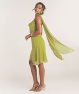 Cowl Front Mini Dress with Neck Scarf - Green