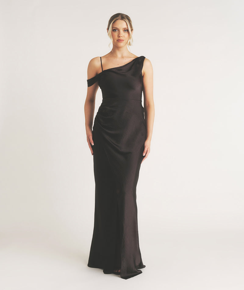 Asymmetrical Bardot Strap Satin Bridesmaid Dress - Black