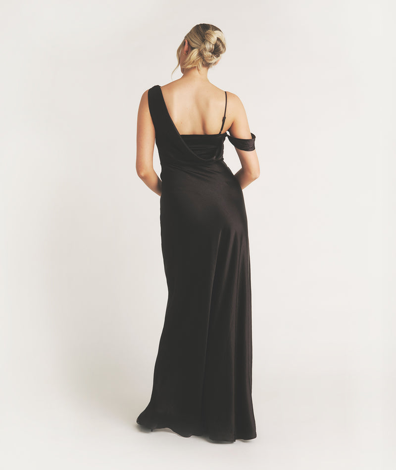 Asymmetrical Bardot Strap Satin Bridesmaid Dress - Black