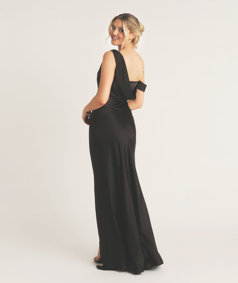 Asymmetrical Bardot Strap Satin Bridesmaid Dress - Black