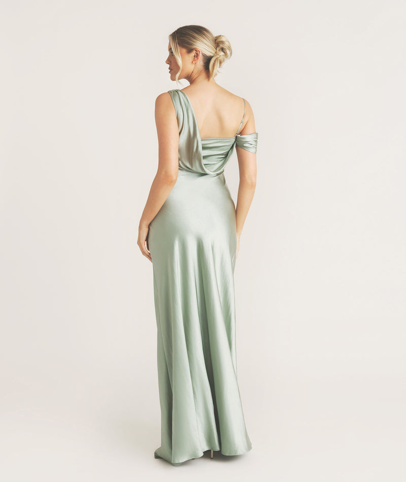 Asymmetrical Bardot Strap Satin Bridesmaid Dress - Sage