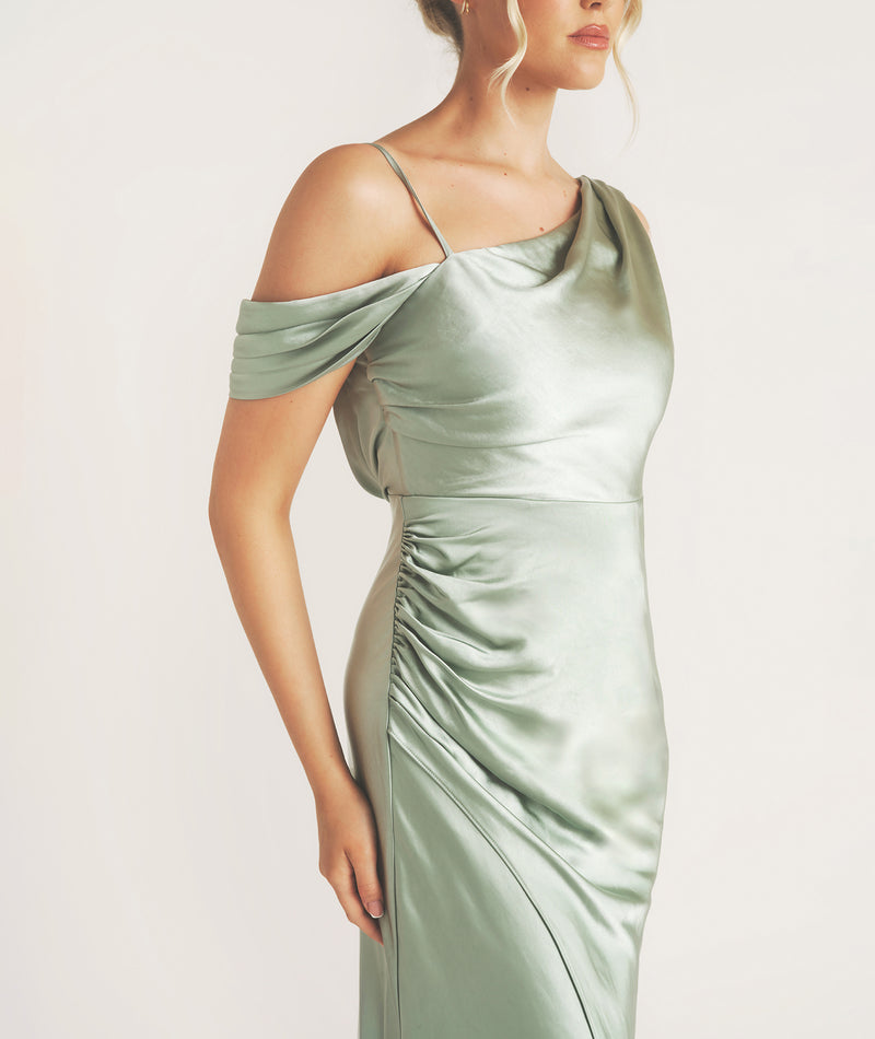 Asymmetrical Bardot Strap Satin Bridesmaid Dress - Sage