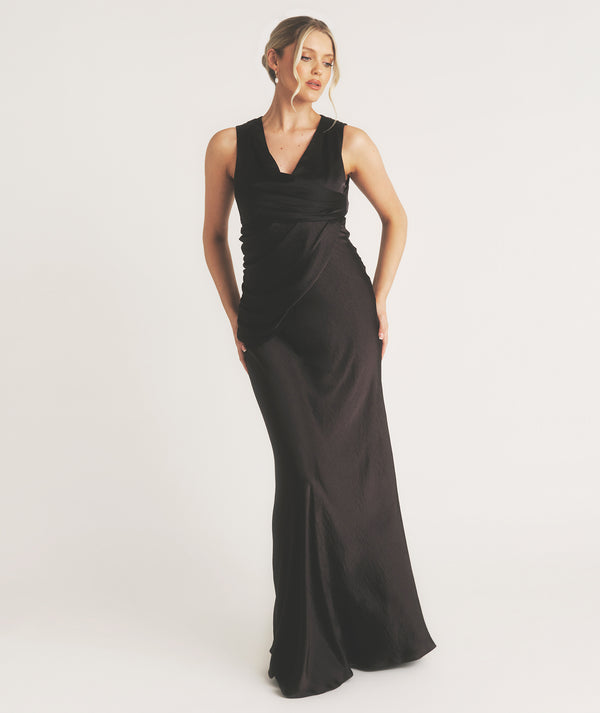 Plunge Drape Detail Satin Bridesmaid Dress - Black