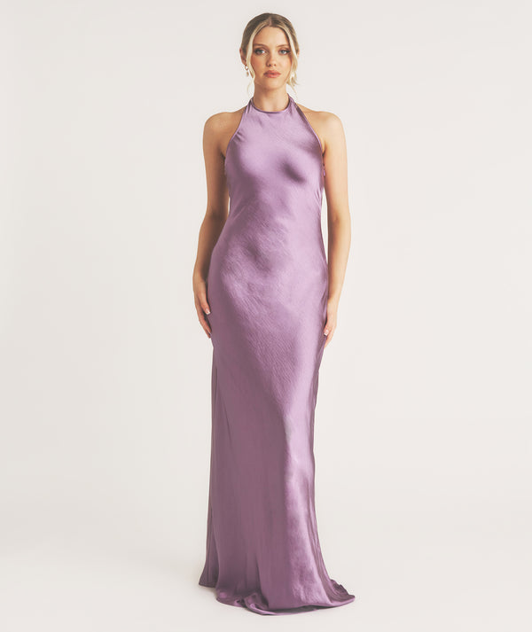 Racer Neck Satin Bridesmaid Dress - Orchid