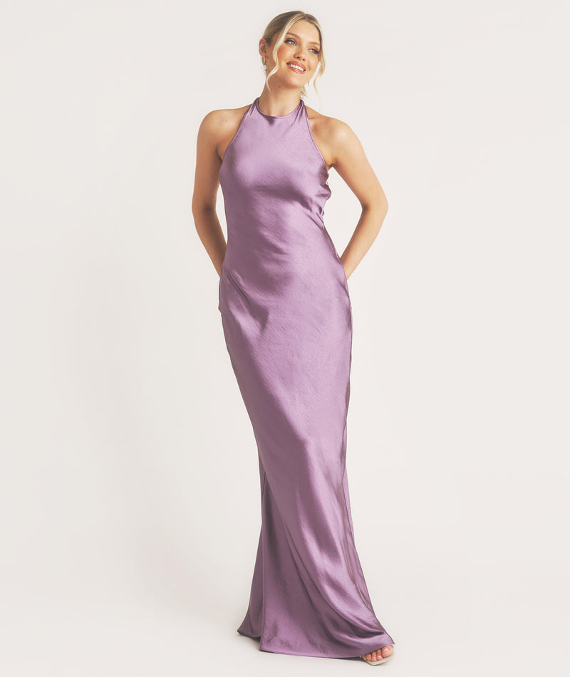 Racer Neck Satin Bridesmaid Dress - Orchid
