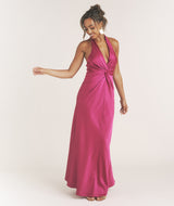 Plunge Knot Detail Dress with Neck Tie - Raspberry Pink