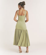 Square Neck Drop Hem Midi Dress - Sage
