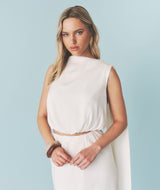 Satin Drape Detail High Neck Top - Cream