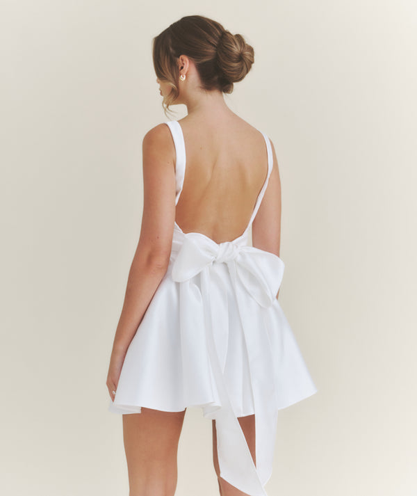 Satin Bow Back Pleated Skirt Mini Dress - White
