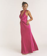 Plunge Knot Detail Dress with Neck Tie - Raspberry Pink