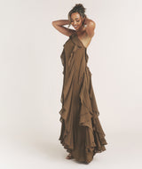 Ruffle Halter Neck Maxi Dress - Olive