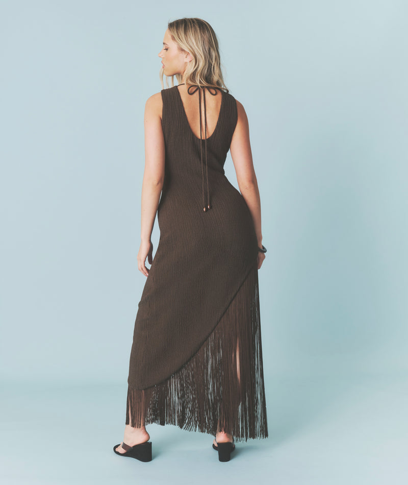 Fringe Asymmetrical Maxi Dress - Chocolate