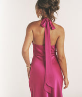 Plunge Knot Detail Dress with Neck Tie - Raspberry Pink