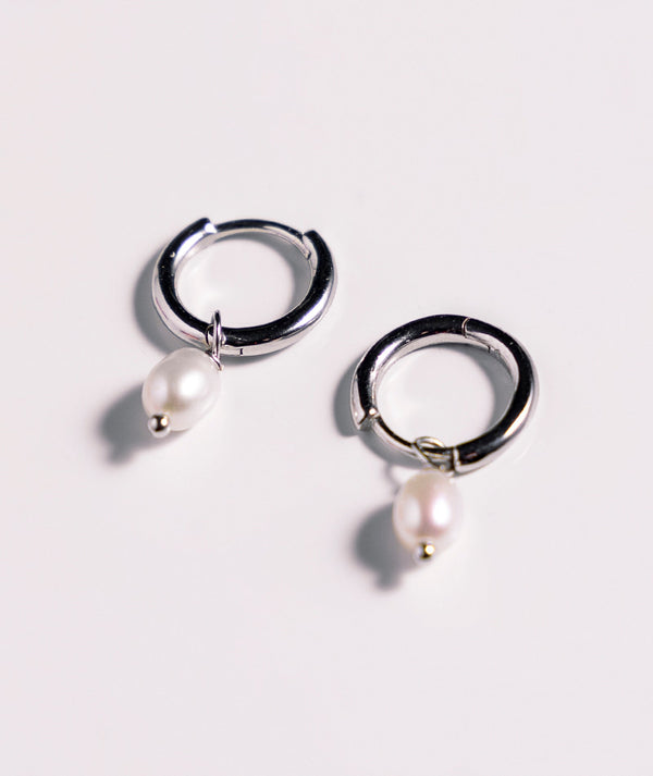 Pearl Drop Huggie Hoop Earrings - Silver