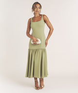 Square Neck Drop Hem Midi Dress - Sage