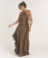 Ruffle Halter Neck Maxi Dress - Olive