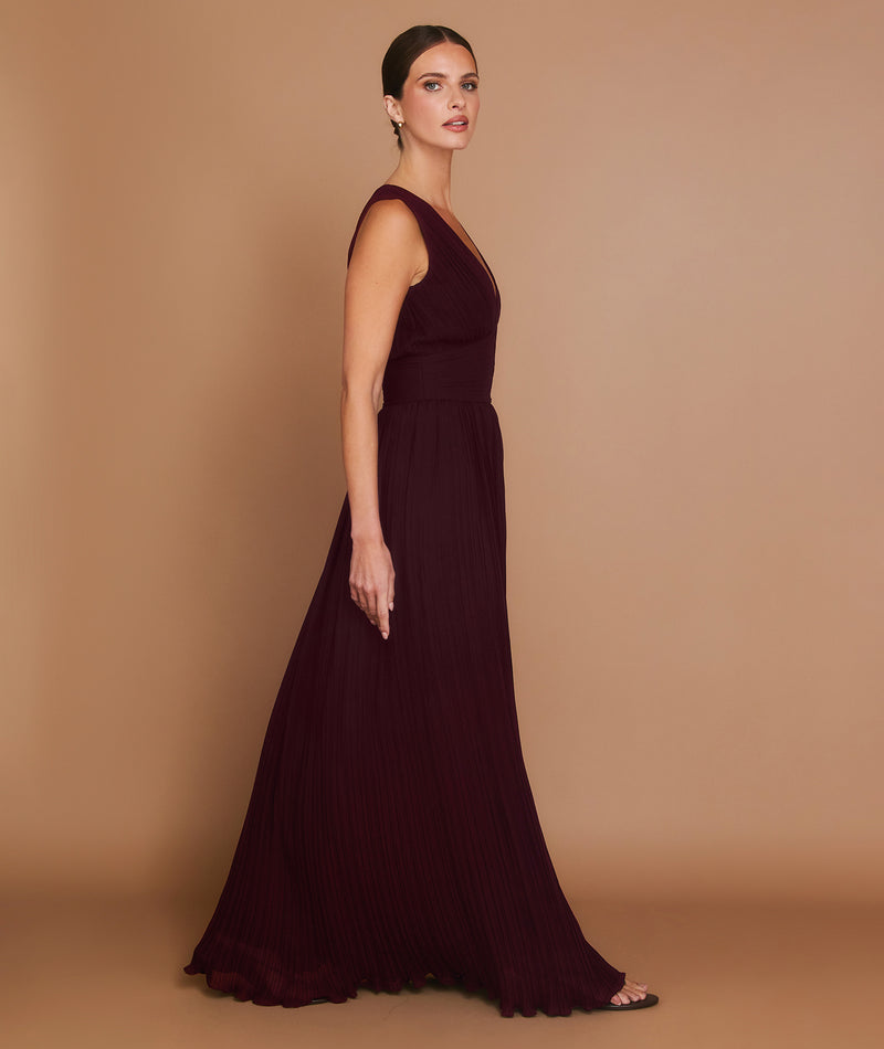 Pleated Plunge Maxi Dress - Wine