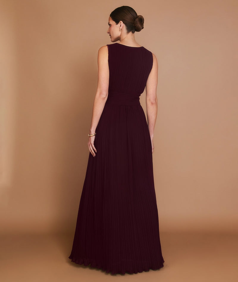 Pleated Plunge Maxi Dress - Wine