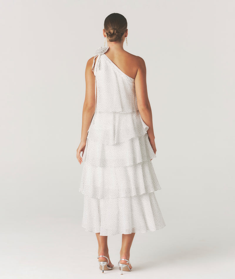 Amora Polka Corsage Tiered Maxi Dress - White