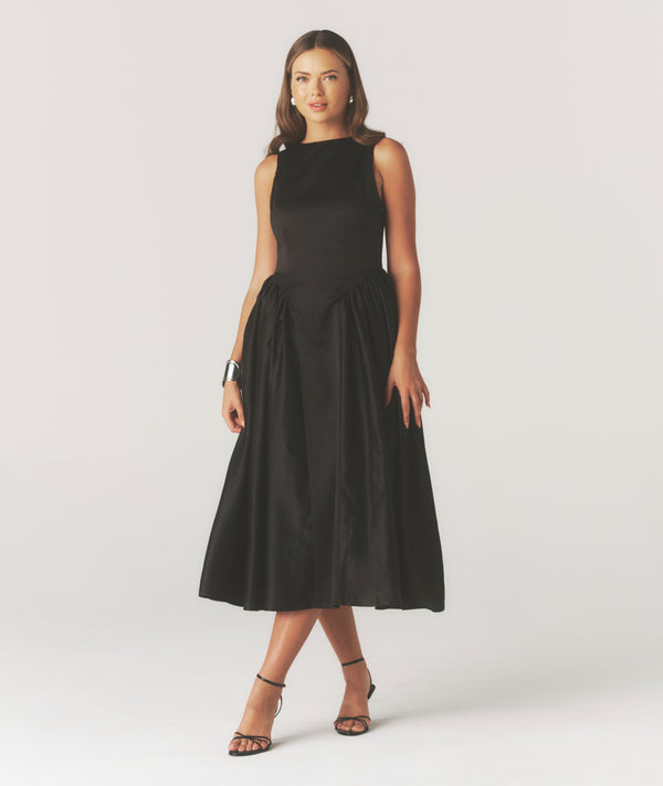 Audrey Drop Waist Midi Dress with Volume Skirt - Black