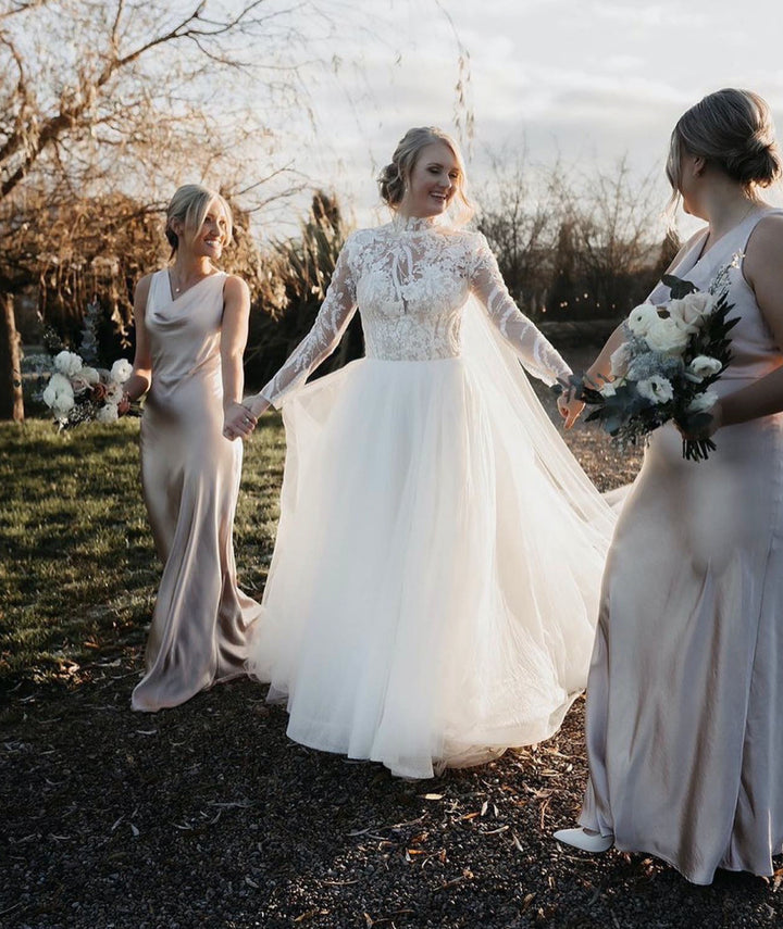 Twist Back Satin Bridesmaid Dress - Oyster