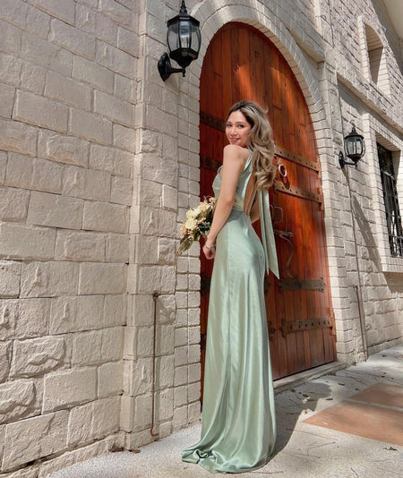 Cowl Front Satin Bridesmaid Dress - Sage